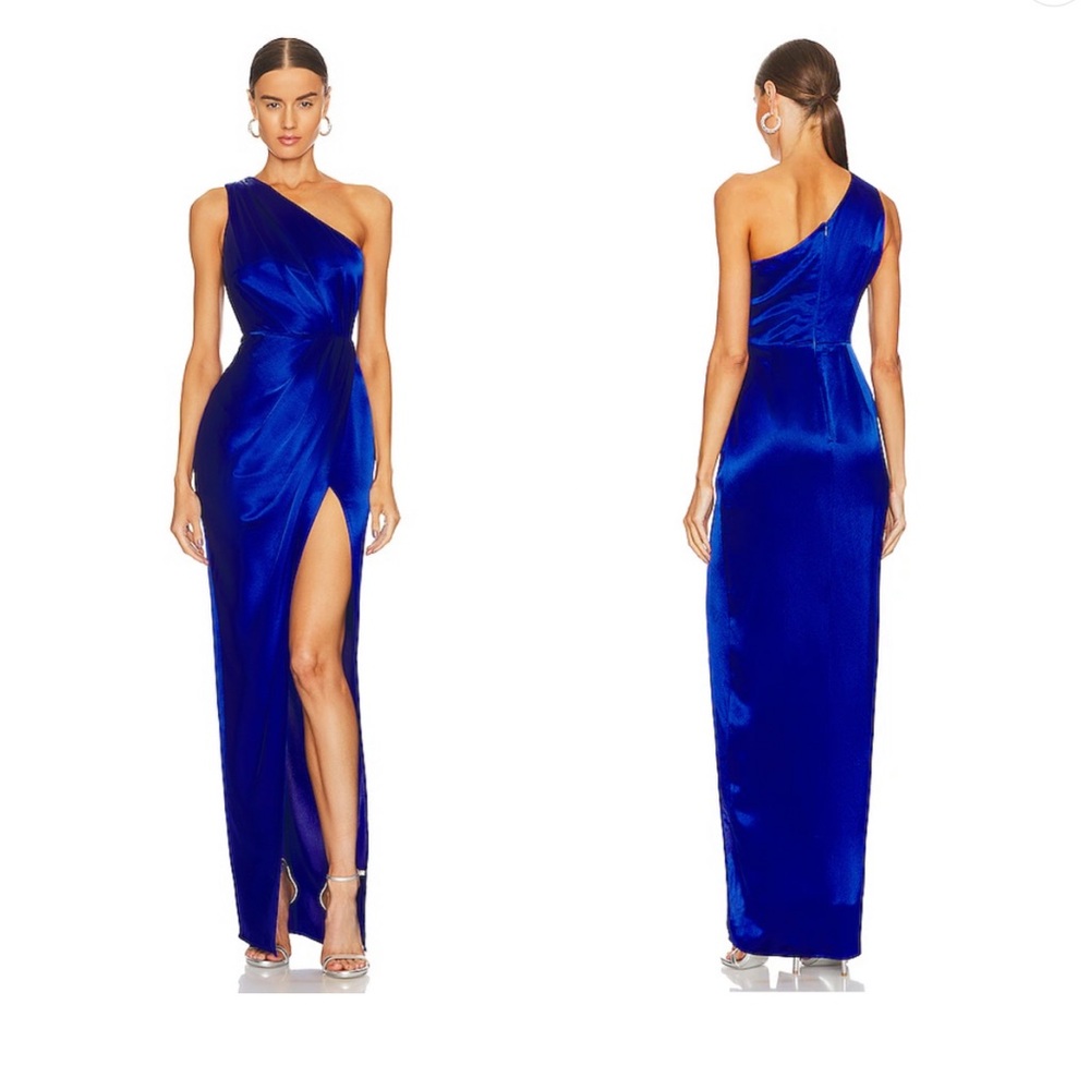 One-Shoulder Cobalt Satin Maxi Dress with High Slit